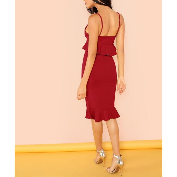 Maroon Red Ruffle Peplum Cami Bodycon Midi Dress - Picture 2 of 6